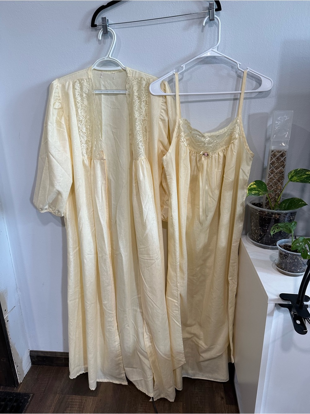 Vintage Yellow Peignoir Set Lace Trim Nightgown & Robe Set